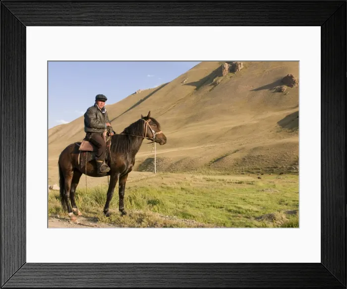 Framed Print : Rider with his horse in wilderness, Song Kol, Kyrgyzstan, Central Asia, Asia Framed Print : Rider with his horse in wilderness, Song Kol, Kyrgyzstan, Central Asia, Asia