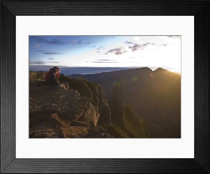 Framed Print : Two pople on a mountain platform, looking at an awe inspiring sunrise, Le Maido Framed Print : Two pople on a mountain platform, looking at an awe inspiring sunrise, Le Maido