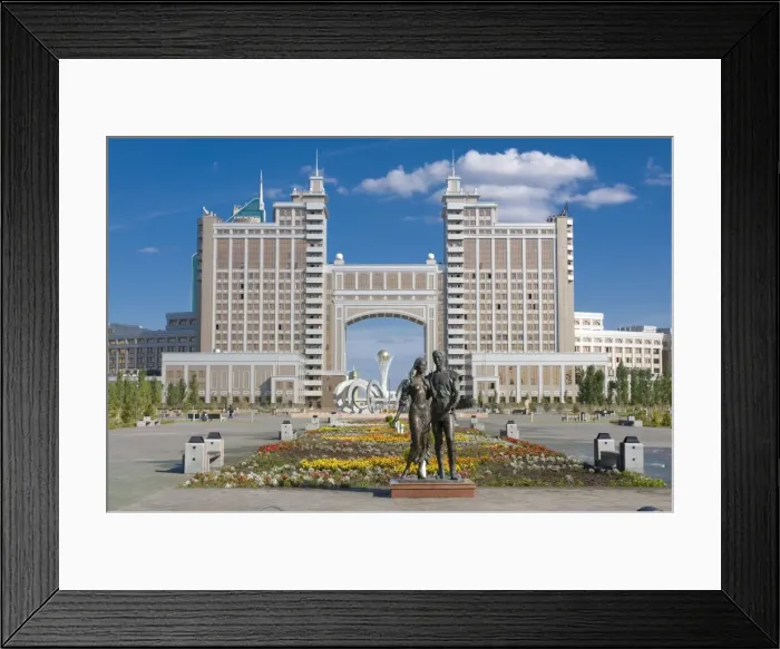 Framed Print : The Kay Munay Gaz building and the Bayterek monument, Astana, Kazakhstan, Central Asia