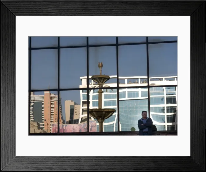 Framed Print : Reflection of modern Astana in a window, Astana, Kazakhstan, Central Asia, Asia