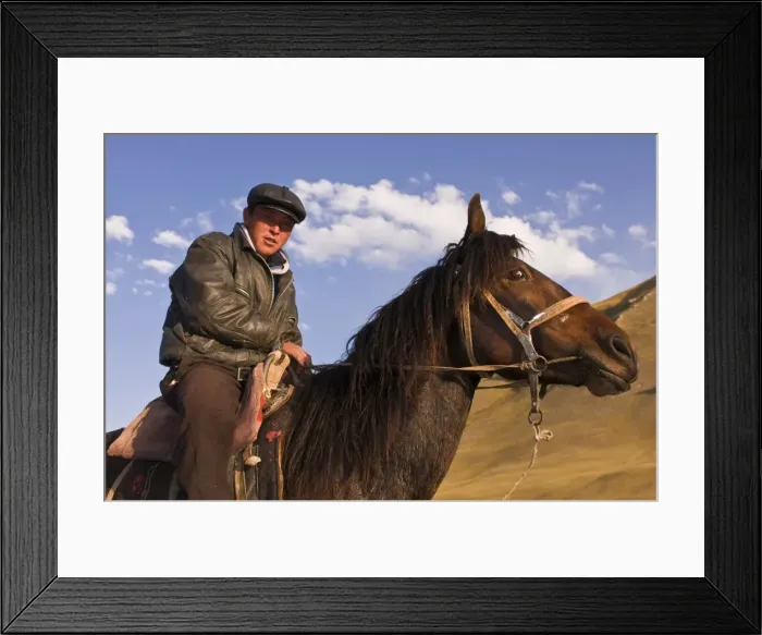 Framed Print : Rider with his horse in wilderness, Song Kol, Kyrgyzstan, Central Asia, Asia Framed Print : Rider with his horse in wilderness, Song Kol, Kyrgyzstan, Central Asia, Asia