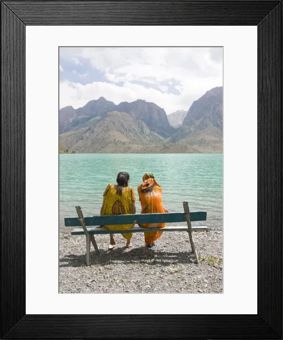 Framed Print : Bench at turquoise Iskanderkul Lake (Alexander Lake) in Fann Mountains Framed Print : Bench at turquoise Iskanderkul Lake (Alexander Lake) in Fann Mountains