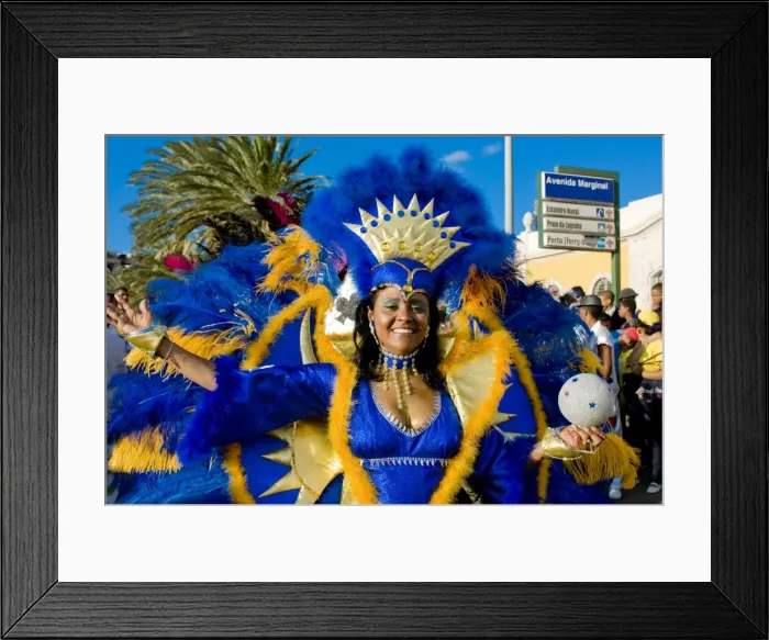 Framed Print : Pretty woman in colourful Carnival costume, Mindelo, Sao Vicente, Cape Verde, Africa