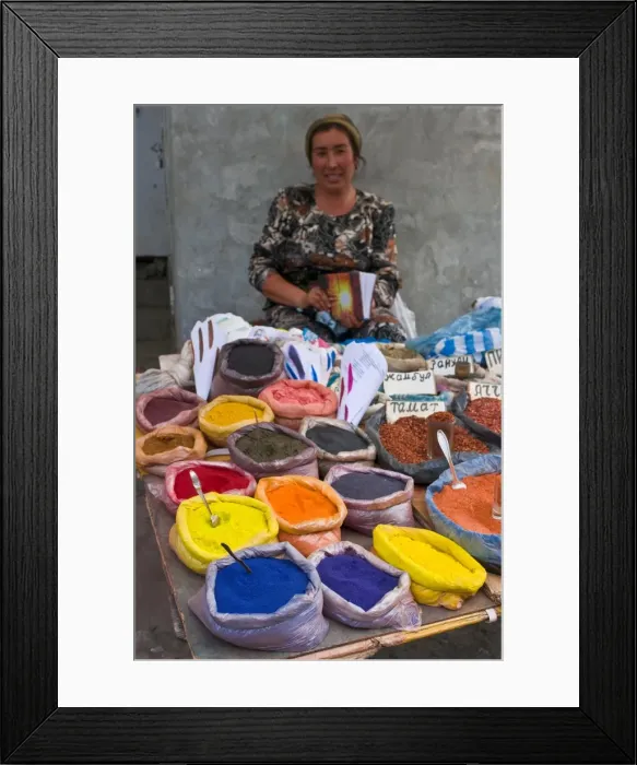Framed Print : Woman selling colourful spices at market stall, Osh, Kyrgyzstan, Central Asia, Asia Framed Print : Woman selling colourful spices at market stall, Osh, Kyrgyzstan, Central Asia, Asia