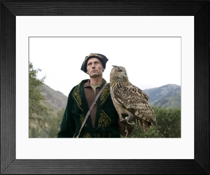 Framed Print : Kyrgyz eagle hunter with a rock eagle-owl (Bubo bengalensis), Sunkar Eagle Farm Framed Print : Kyrgyz eagle hunter with a rock eagle-owl (Bubo bengalensis), Sunkar Eagle Farm