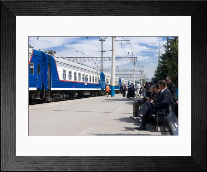 Framed Print : Railway station with passengers and train, Almaty, Kazakhstan, Central Asia, Asia Framed Print : Railway station with passengers and train, Almaty, Kazakhstan, Central Asia, Asia