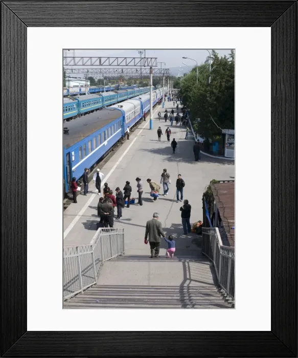 Framed Print : Railway station with passengers and trains, Almaty, Kazakhstan, Central Asia, Asia