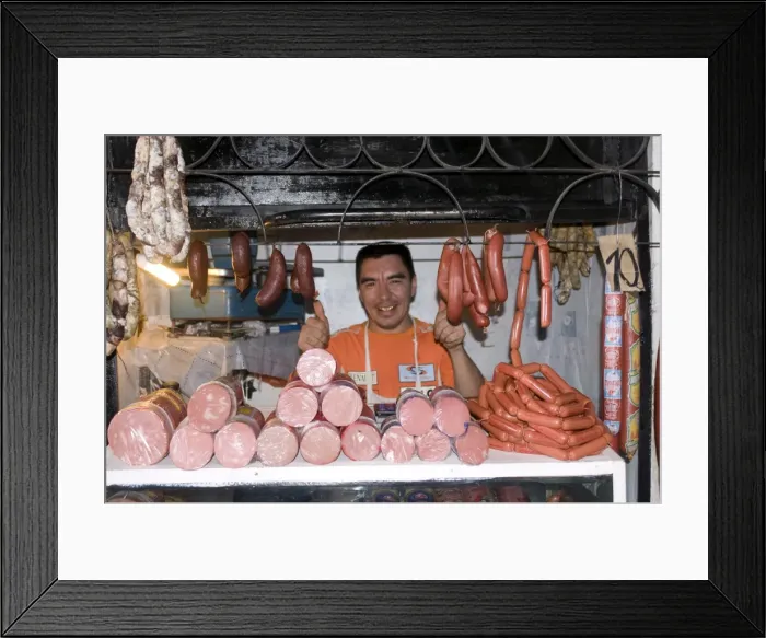Framed Print : Friendly man selling sausages and meat, Khojand, Tajikistan, Central Asia, Asia Framed Print : Friendly man selling sausages and meat, Khojand, Tajikistan, Central Asia, Asia