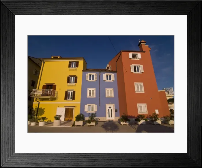 Framed Print : Colourful modern houses, Piran, Slovenia, Europe Framed Print : Colourful modern houses, Piran, Slovenia, Europe