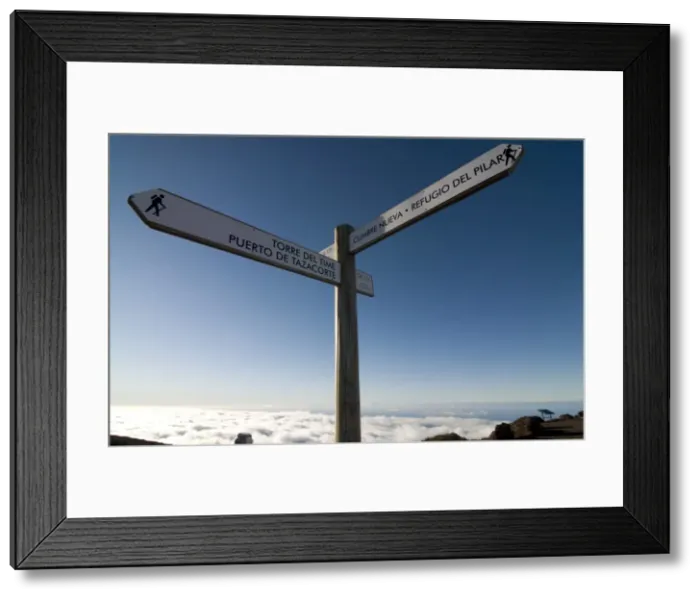Framed Print : Signpost for trekkers above the clouds on top of the Taburiente, Canary Islands Framed Print : Signpost for trekkers above the clouds on top of the Taburiente, Canary Islands