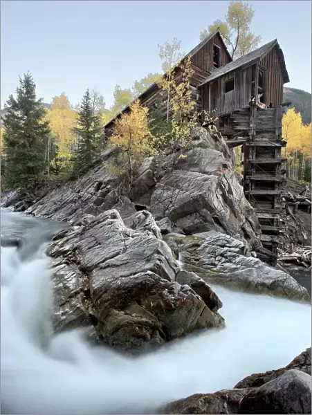 Crystal Mill with aspens in fall colors, Crystal, Colorado, United States of America