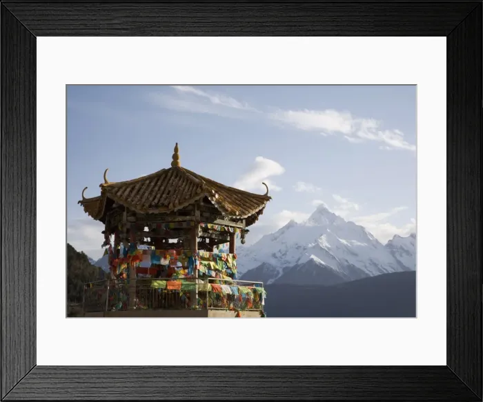 Framed Print : Buddhist stupa with Meili Snow Mountain peak in background, en route to the Tibetan border Framed Print : Buddhist stupa with Meili Snow Mountain peak in background, en route to the Tibetan border