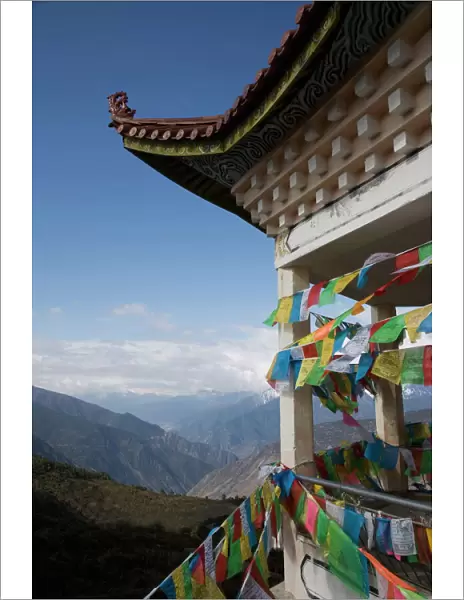 Buddhist stupa and prayer flags, Deqin, called Shangri-La, near the Tibetan Border