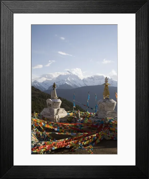 Framed Print : Buddhist stupas on way to Deqin, on the Tibetan Border, with the Meili Snow Mountain peak in the background, Dequin, Shangri-La region, Yunnan Province Framed Print : Buddhist stupas on way to Deqin, on the Tibetan Border, with the Meili Snow Mountain peak in the background, Dequin, Shangri-La region, Yunnan Province