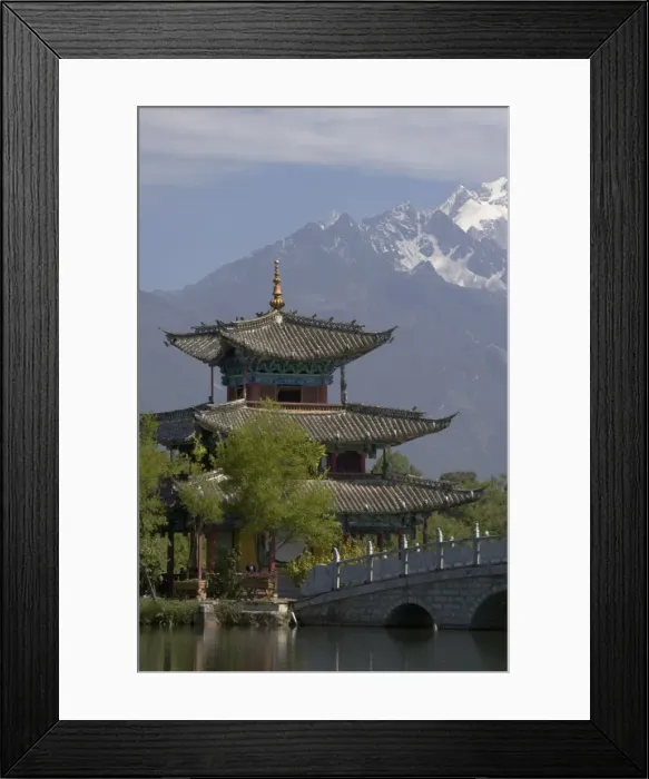 Framed Print : Black Dragon Pool Park, temple and bridge, with Jade Dragon Snow Mountain in background Framed Print : Black Dragon Pool Park, temple and bridge, with Jade Dragon Snow Mountain in background
