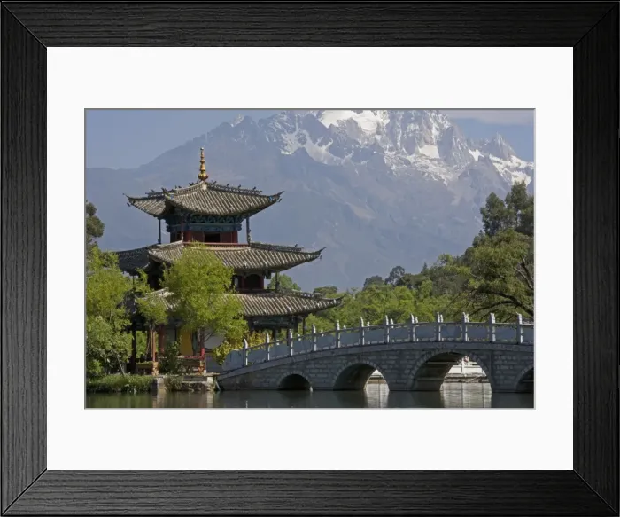 Framed Print : Black Dragon Pool Park, temple and bridge, with Jade Dragon Snow Mountain in background Framed Print : Black Dragon Pool Park, temple and bridge, with Jade Dragon Snow Mountain in background