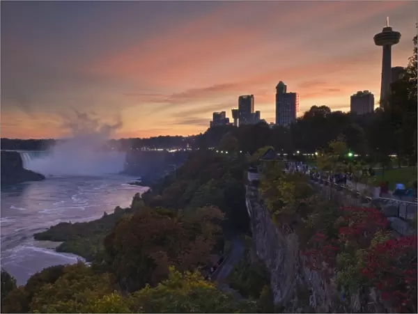 Sunset at the Horseshoe Falls waterfall on the Niagara River, Niagara Falls
