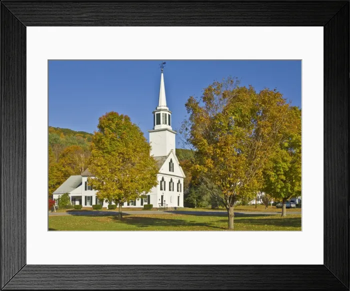 Framed Print : Autumn colours around traditional white timber clapperboard church, Townshend Framed Print : Autumn colours around traditional white timber clapperboard church, Townshend