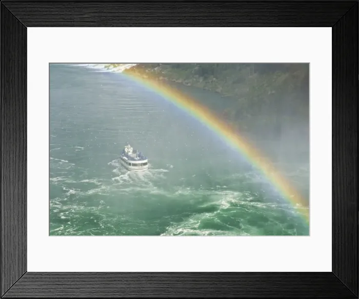 Framed Print : Maid of the Mist tour excursion boat under the Horseshoe Falls waterfall with rainbow at Niagara Falls, Ontario, Canada Framed Print : Maid of the Mist tour excursion boat under the Horseshoe Falls waterfall with rainbow at Niagara Falls, Ontario, Canada