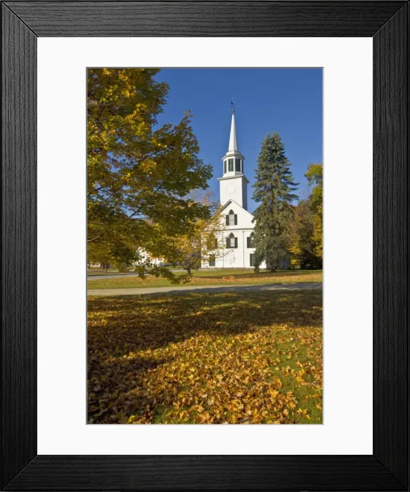 Framed Print : Autumn fall colours around traditional white timber clapperboard church Framed Print : Autumn fall colours around traditional white timber clapperboard church
