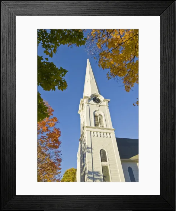 Framed Print : Autumn fall colours around traditional white timber clad church, Manchester Framed Print : Autumn fall colours around traditional white timber clad church, Manchester