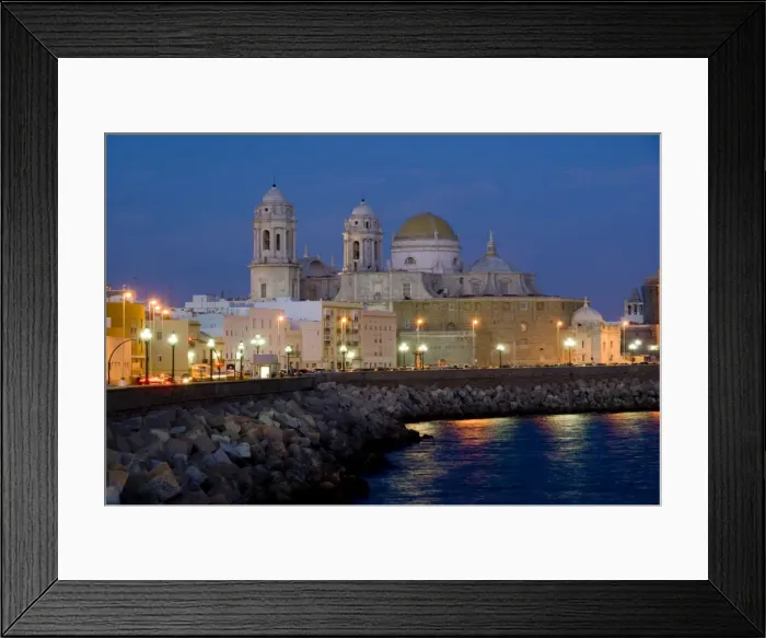 Framed Print : Cathedral waterfront dusk, Cadiz, Andalucia, Spain, Europe Framed Print : Cathedral waterfront dusk, Cadiz, Andalucia, Spain, Europe