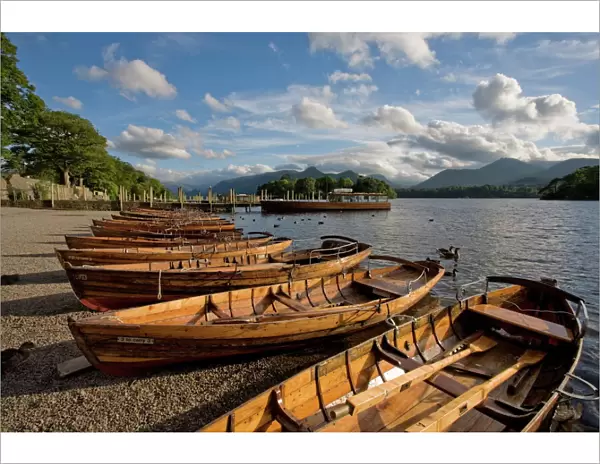 Boats moored at Derwentwater, Lake District National Park, Cumbria, England