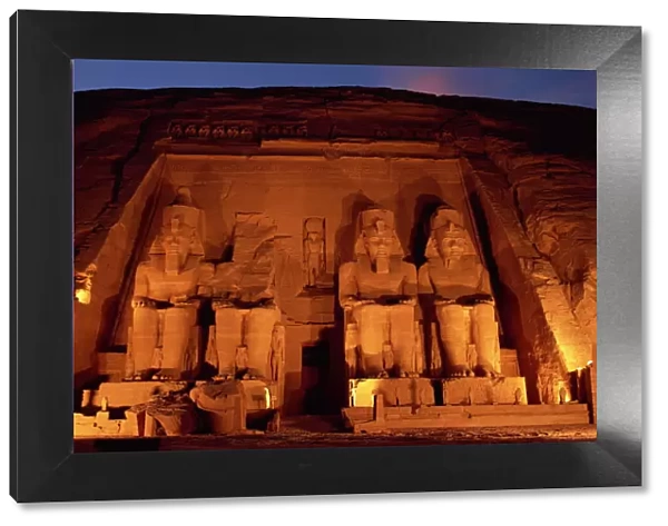 Colossi of Ramses II, floodlit, Great Temple of Ramses II, Abu Simbel, UNESCO World Heritage Site