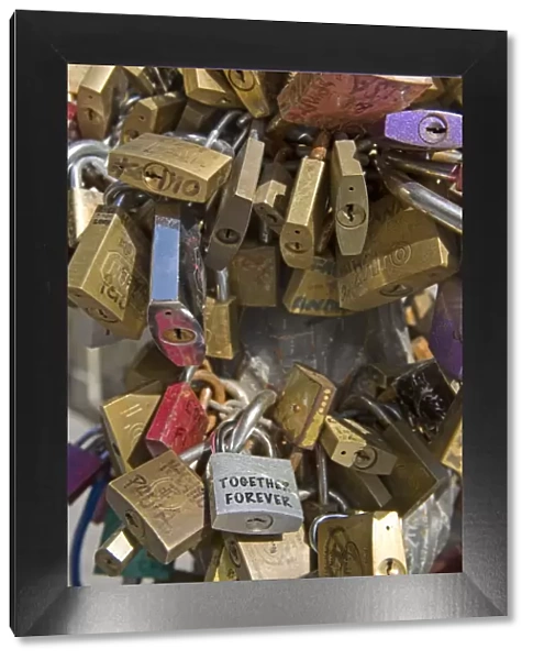 Love security locks, Sant Oronzo Square, Lecce, Lecce province, Puglia, Italy, Europe