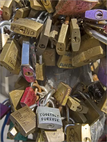 Love security locks, Sant Oronzo Square, Lecce, Lecce province, Puglia, Italy, Europe