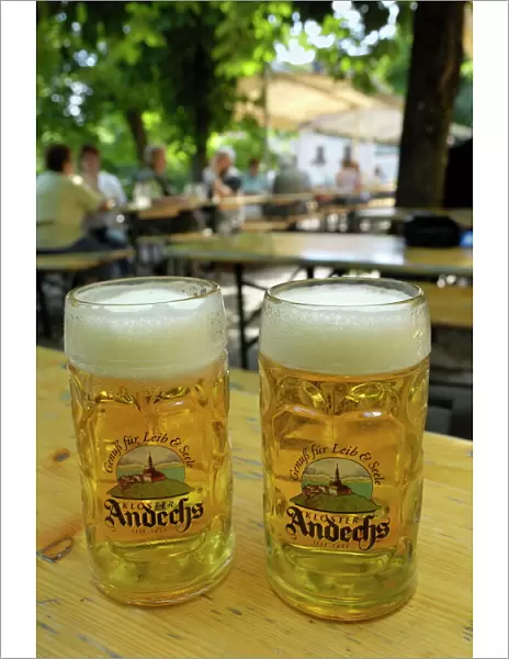 Beer steins in Andechs beer garden, brewed in the monastery, Andechs, near Munich