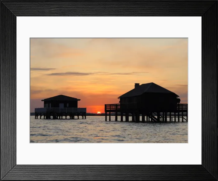 Framed Print : Houses on stilts at sunset, Bay of Arcachon, Gironde, Aquitaine, France, Europe