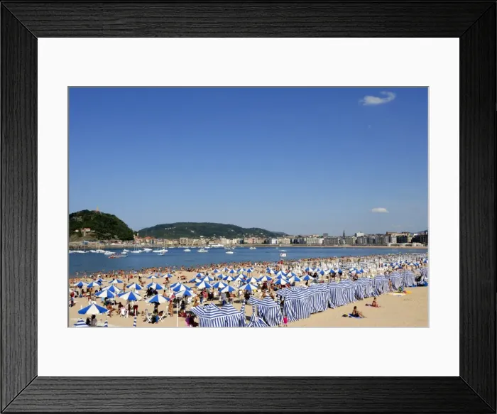 Framed Print : Parasols on the beach and town view, San Sebastian, Basque country, Euskadi Framed Print : Parasols on the beach and town view, San Sebastian, Basque country, Euskadi