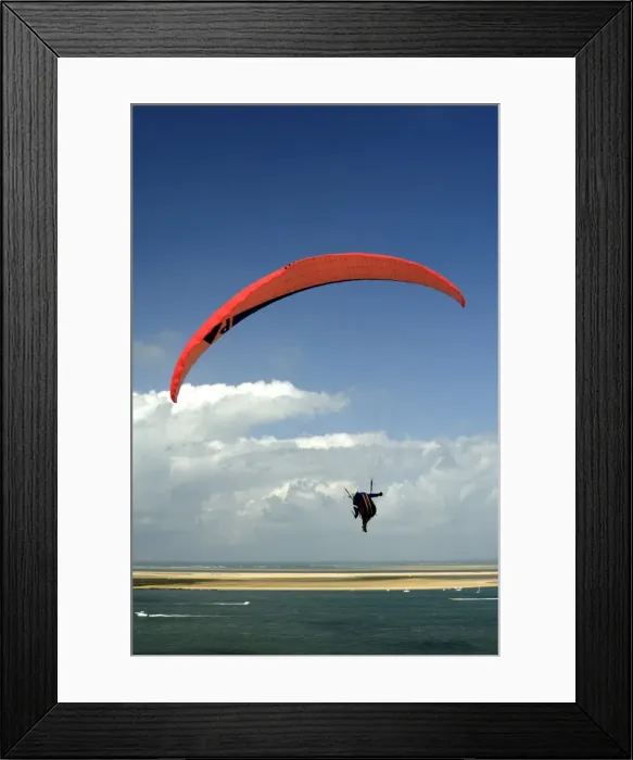 Framed Print : Red hang glider over Bay of Arcachon, Gironde, Aquitaine, France, Europe Framed Print : Red hang glider over Bay of Arcachon, Gironde, Aquitaine, France, Europe