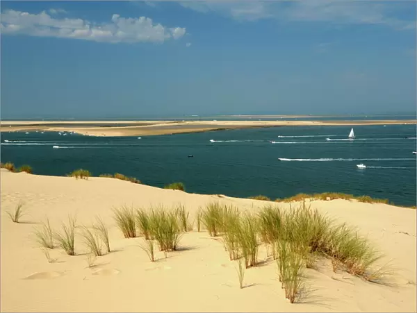 Sand banks, motor and sailing boats, Bay of Arcachon, Cote d Argent