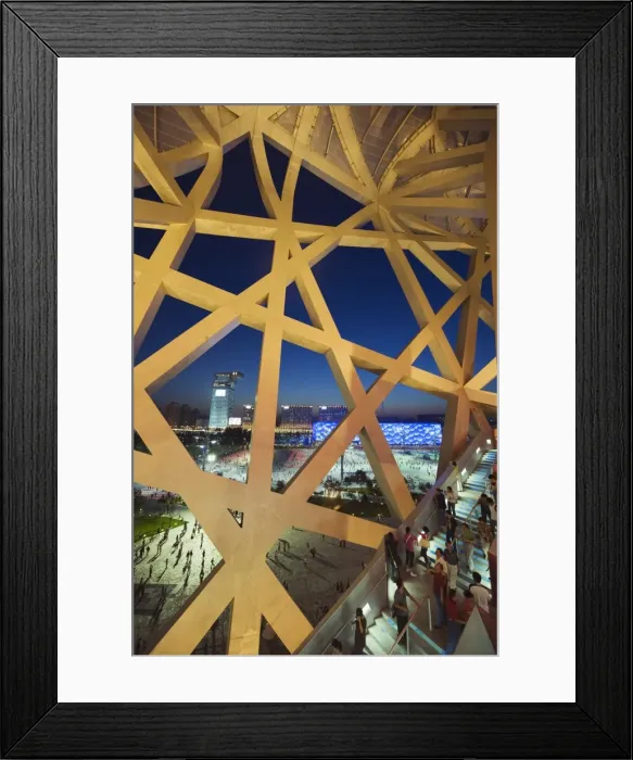 Framed Print : Looking out to the Water Cube National Aquatics Center from The Birds Nest National Stadium designed by Herzog and de Meuren in the Olympic Green, Beijing