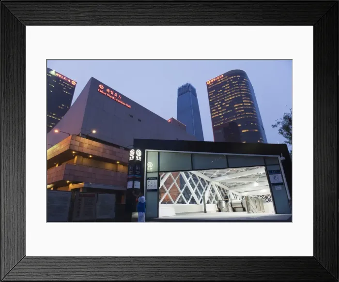 Framed Print : Subway station entrance in front of the World Trade Center Hotel and center buildings Framed Print : Subway station entrance in front of the World Trade Center Hotel and center buildings