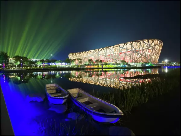 A night time light show at the Birds Nest National Stadium during the 2008 Olympic Games