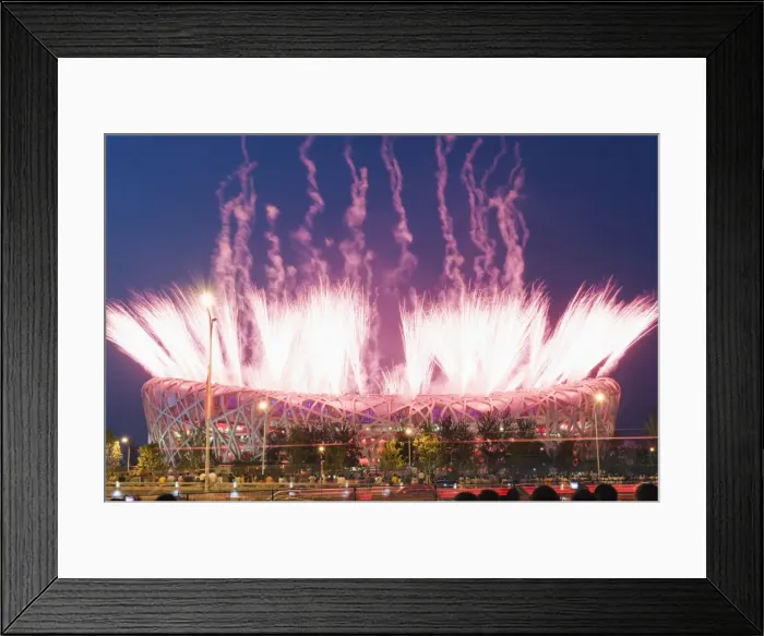 Framed Print : Fireworks on the Birds Nest National Stadium during the opening ceremony of the 2008 Olympic Games