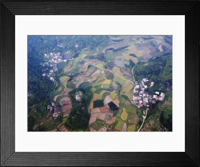 Framed Print : Aerial view from a hot air balloon of rice fields and villages in Yangshuo Framed Print : Aerial view from a hot air balloon of rice fields and villages in Yangshuo