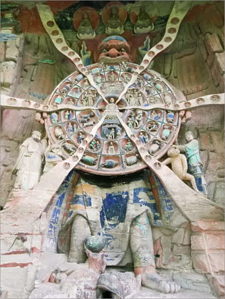 Tibetan Buddhist wheel of life rock sculpture at Dazu Rock Carvings, UNESCO World Heritage Site