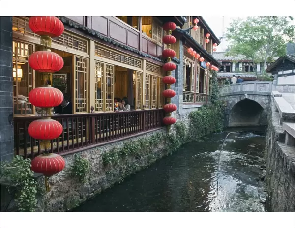 Traditional architecture of riverside restaurant in Lijiang Old Town, Lijiang