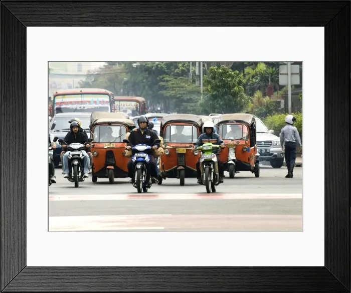 Framed Print : Traffic including tuk-tuk or bajaj, Jakarta, Java, Indonesia, Southeast Asia, Asia Framed Print : Traffic including tuk-tuk or bajaj, Jakarta, Java, Indonesia, Southeast Asia, Asia