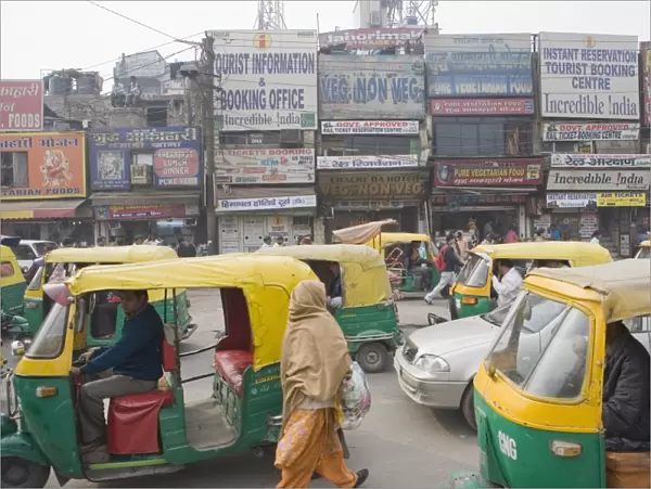 Rickshaws in front of New Delhi railway station, Delhi, India, Asia