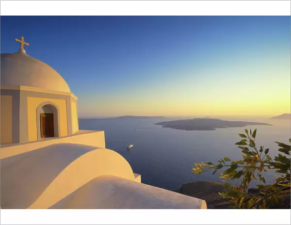 Church and sunset, Thira, Santorini, Cyclades, Greek Islands, Greece, Europe