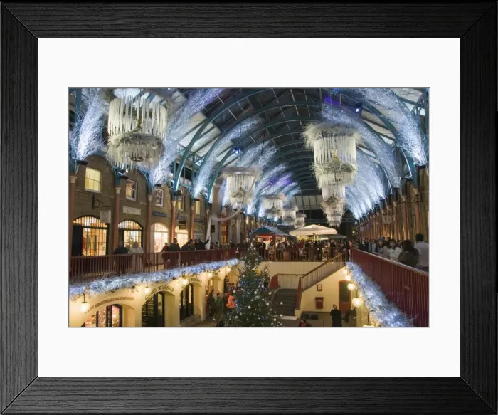 Framed Print : Christmas decorations in the restaurant area of Covent Garden, London, England Framed Print : Christmas decorations in the restaurant area of Covent Garden, London, England