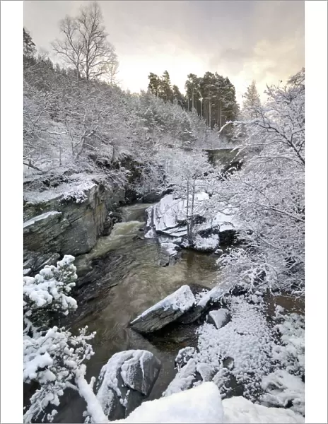 River Tromie in winter snow, Drumguish near Kingussie, Highlands, Scotland