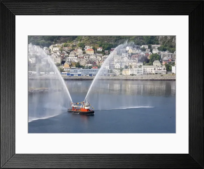 Framed Print : Dressed overall, with the traditional farewell display, the fireboat at Alesund Framed Print : Dressed overall, with the traditional farewell display, the fireboat at Alesund