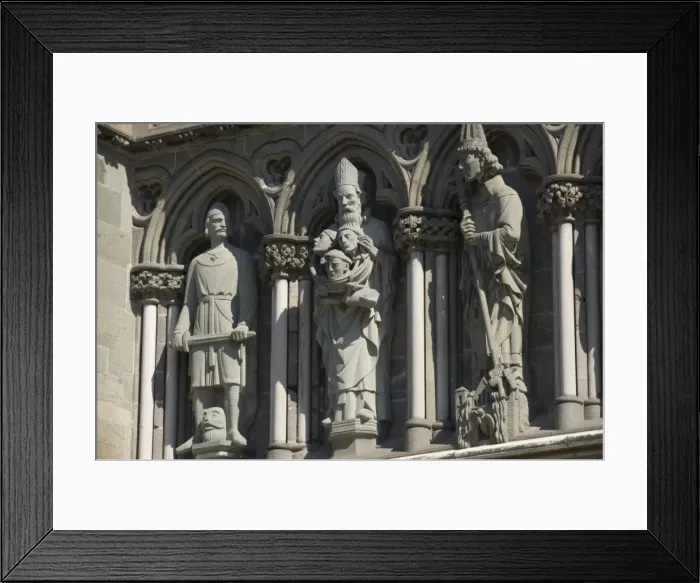 Framed Print : Macabre three figure detail from the front of Nidarosdomen Og Cathedral Framed Print : Macabre three figure detail from the front of Nidarosdomen Og Cathedral