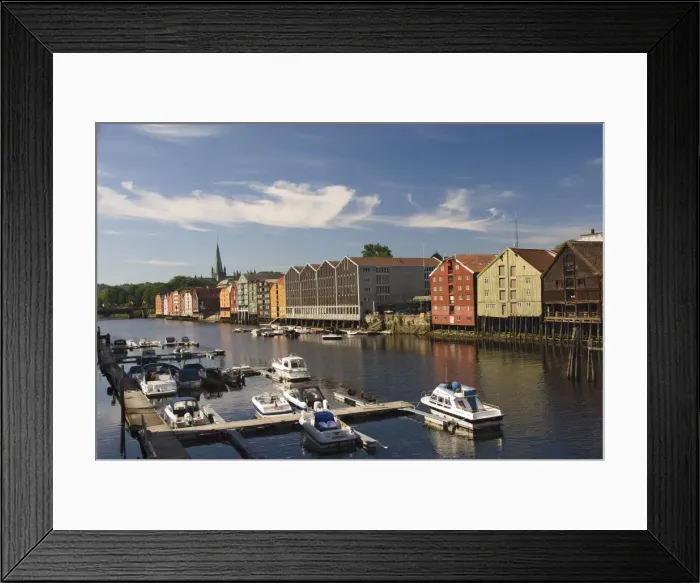 Framed Print : Merchants warehouses and boat moorings along the Nidelva, Trondheim, Norway